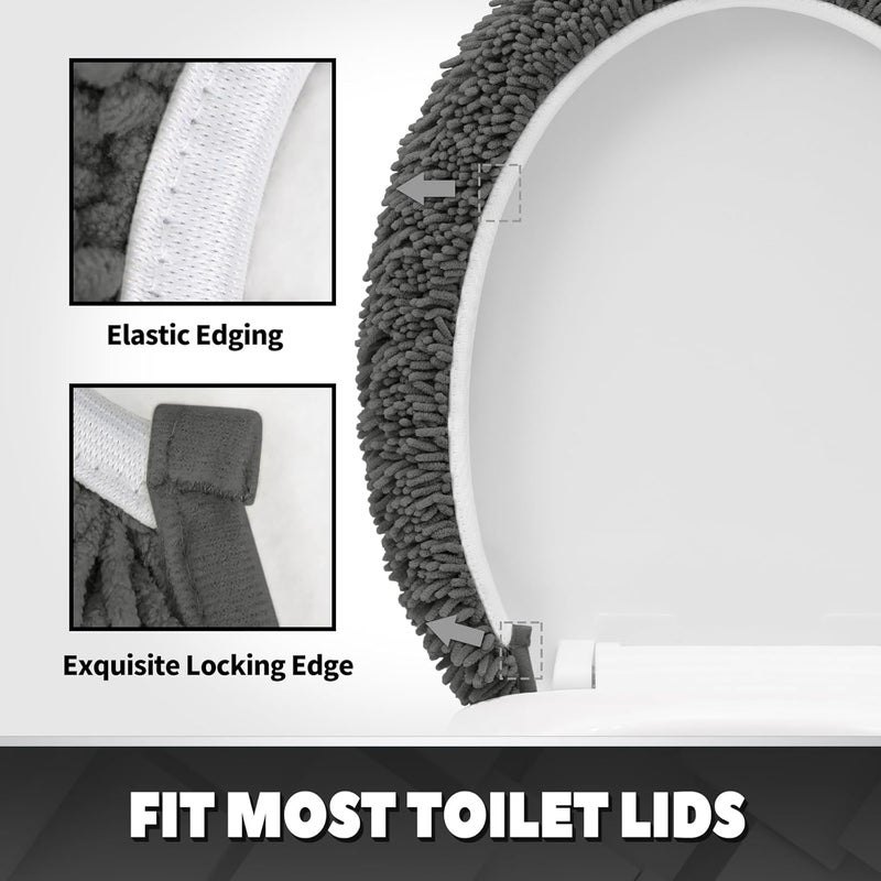 TREETONE Shaggy Chenille Bathroom Toilet Lid Cover, Ultra Soft Plush Seat Covers, Fluffy Absorbent, 19x21 Inches, Standard Toilet Lids for Bathroom Machine Wash & Dry, Charcoal Gray - Image 3